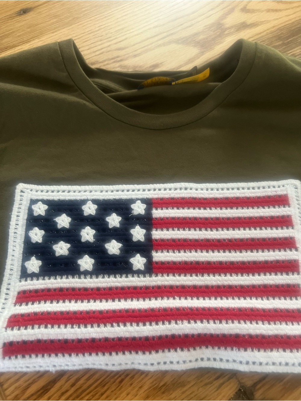 Ralph Lauren Olive Green Short Sleeve Tee with Crocheted American Flag Patch